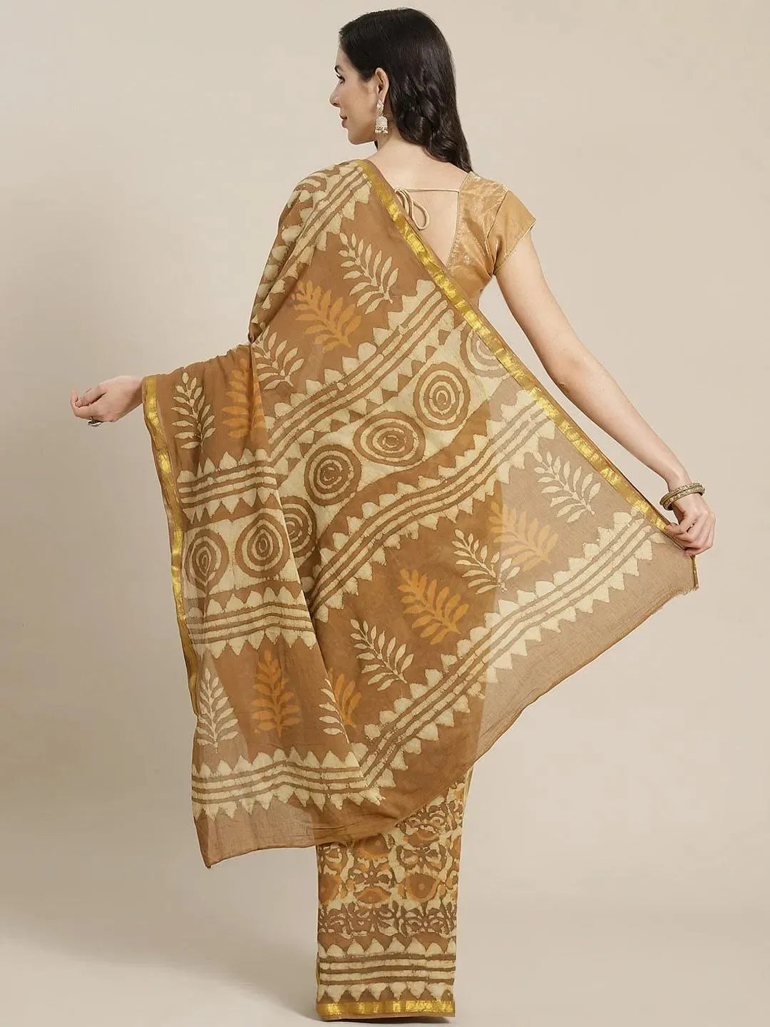 Beige Printed Cotton Saree - Libas