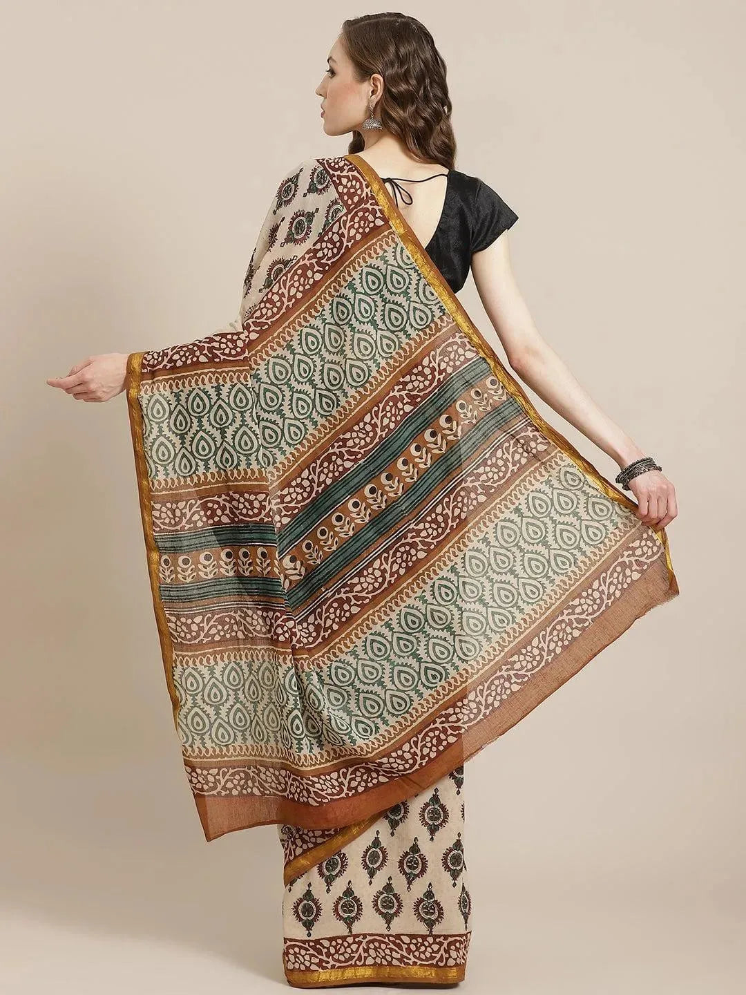 Beige Printed Cotton Saree - Libas 