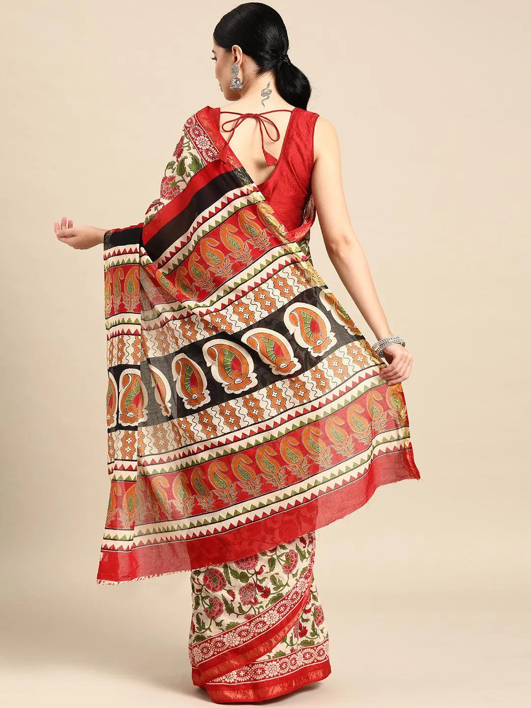 Beige Printed Cotton Saree - Libas 