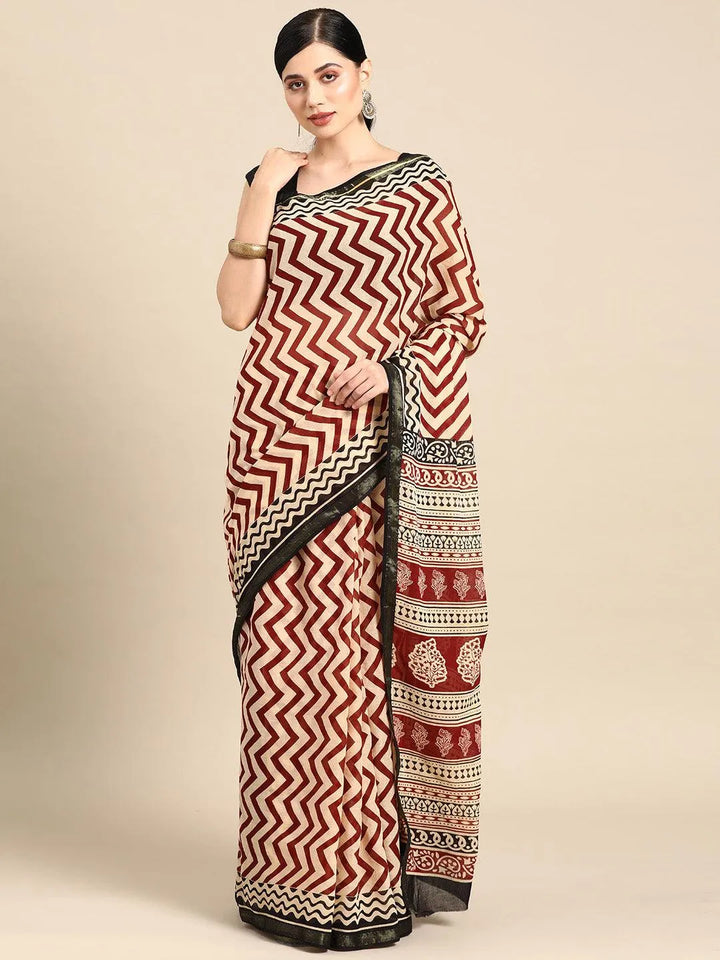 Beige Printed Cotton Saree - Libas