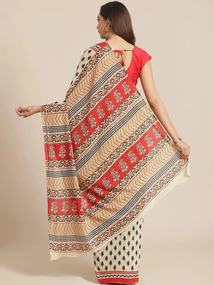 Beige Printed Cotton Saree - Libas