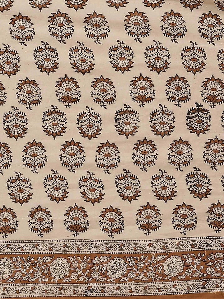 Beige Printed Cotton Saree - Libas