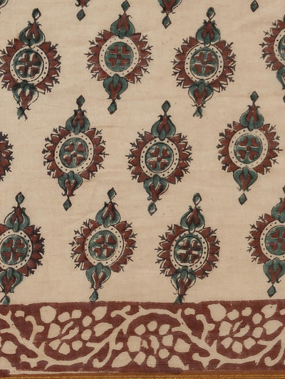 Beige Printed Cotton Saree - Libas