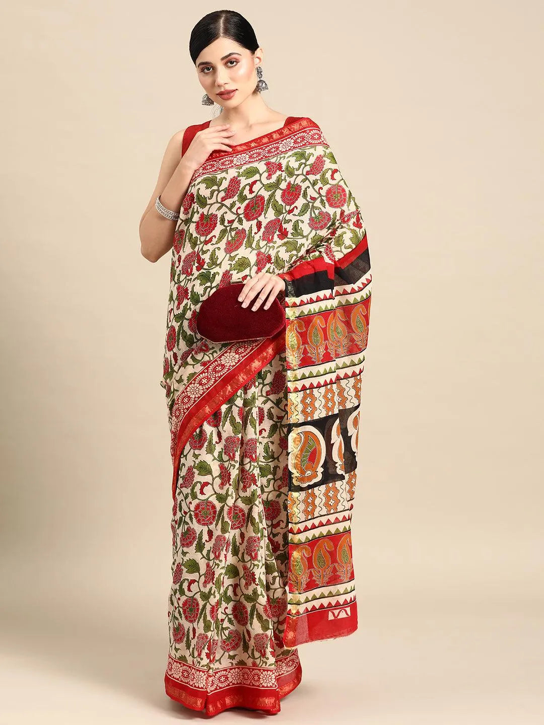 Beige Printed Cotton Saree - Libas