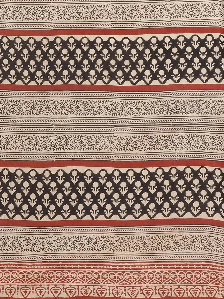 Beige Printed Cotton Saree - Libas
