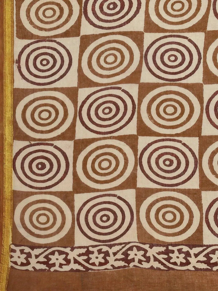 Beige Printed Cotton Saree - Libas