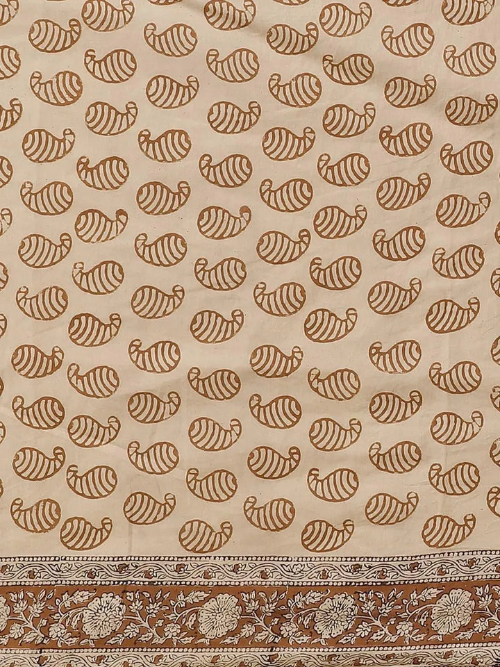 Beige Printed Cotton Saree - Libas