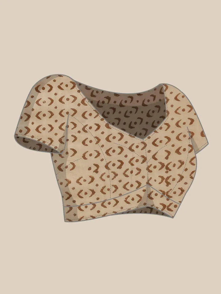 Beige Printed Cotton Saree - Libas