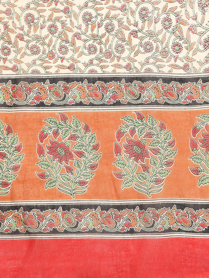 Beige Printed Cotton Saree - Libas