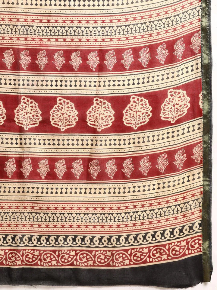 Beige Printed Cotton Saree - Libas