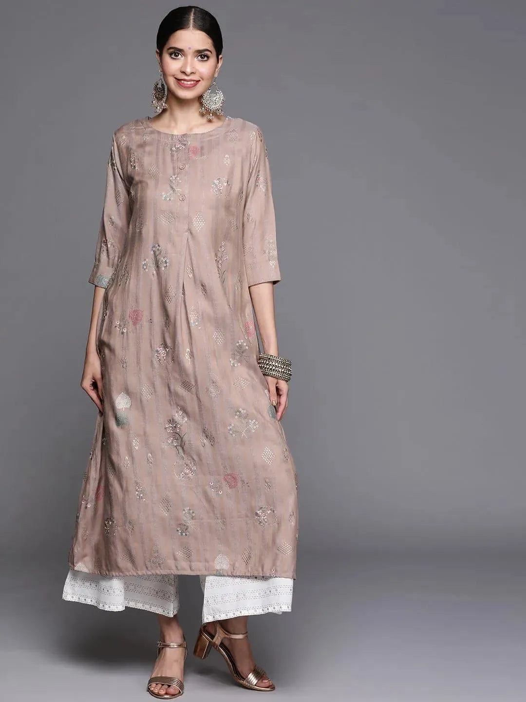 Beige Printed Cotton Silk Kurta - Libas