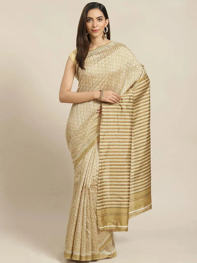 Beige Printed Cotton Silk Saree - Libas