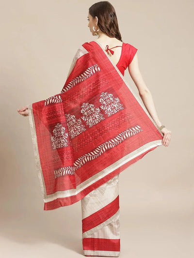 Beige Printed Cotton Silk Saree - Libas