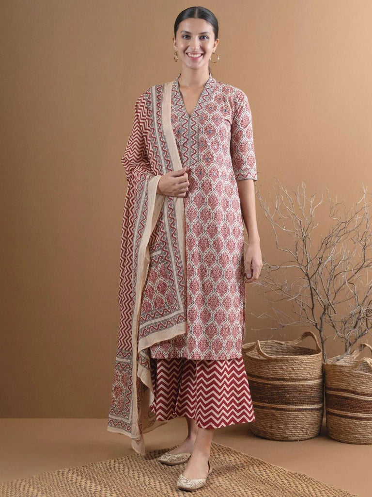 Libas Beige Printed Cotton Straight Kurta With Palazzos & Dupatta