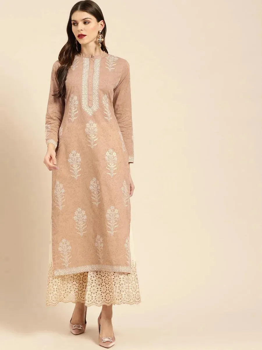 Beige Printed Cotton Kurta Set - Libas