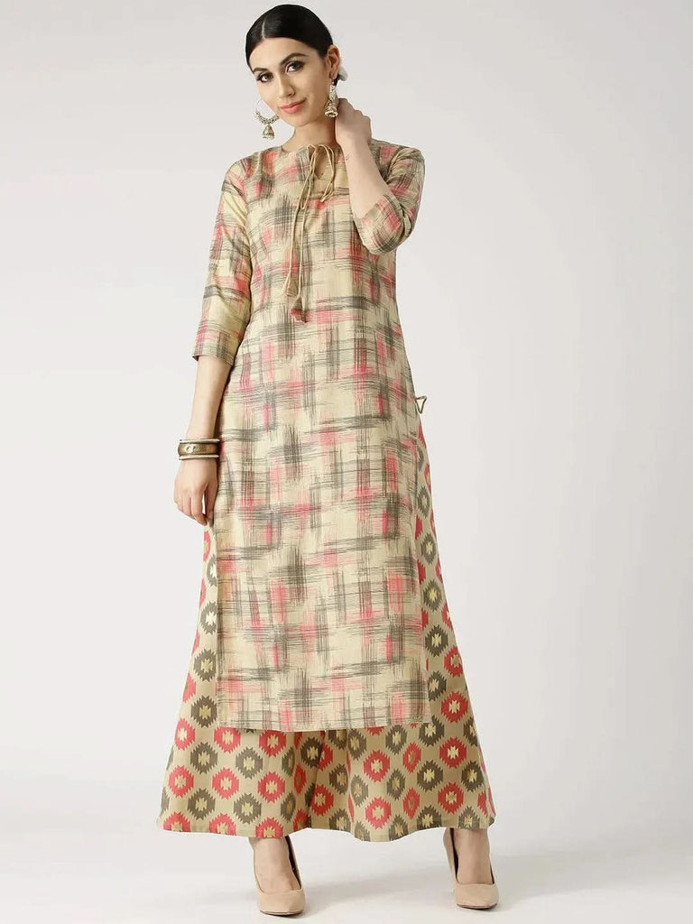 Libas Beige Printed Cotton Straight Kurta With Palazzos