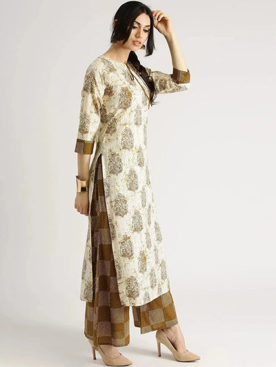 Beige Printed Cotton Kurta Set - Libas