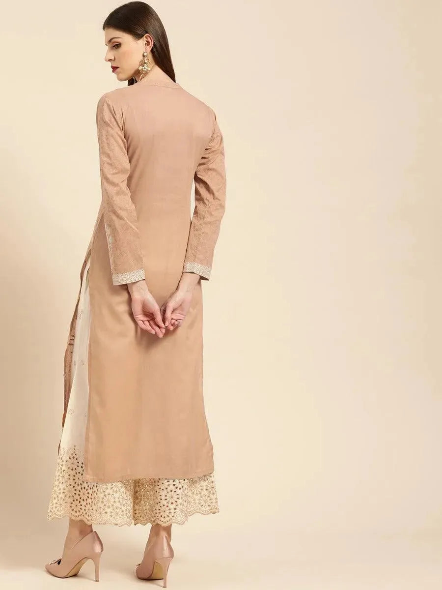 Beige Printed Cotton Kurta Set - Libas 