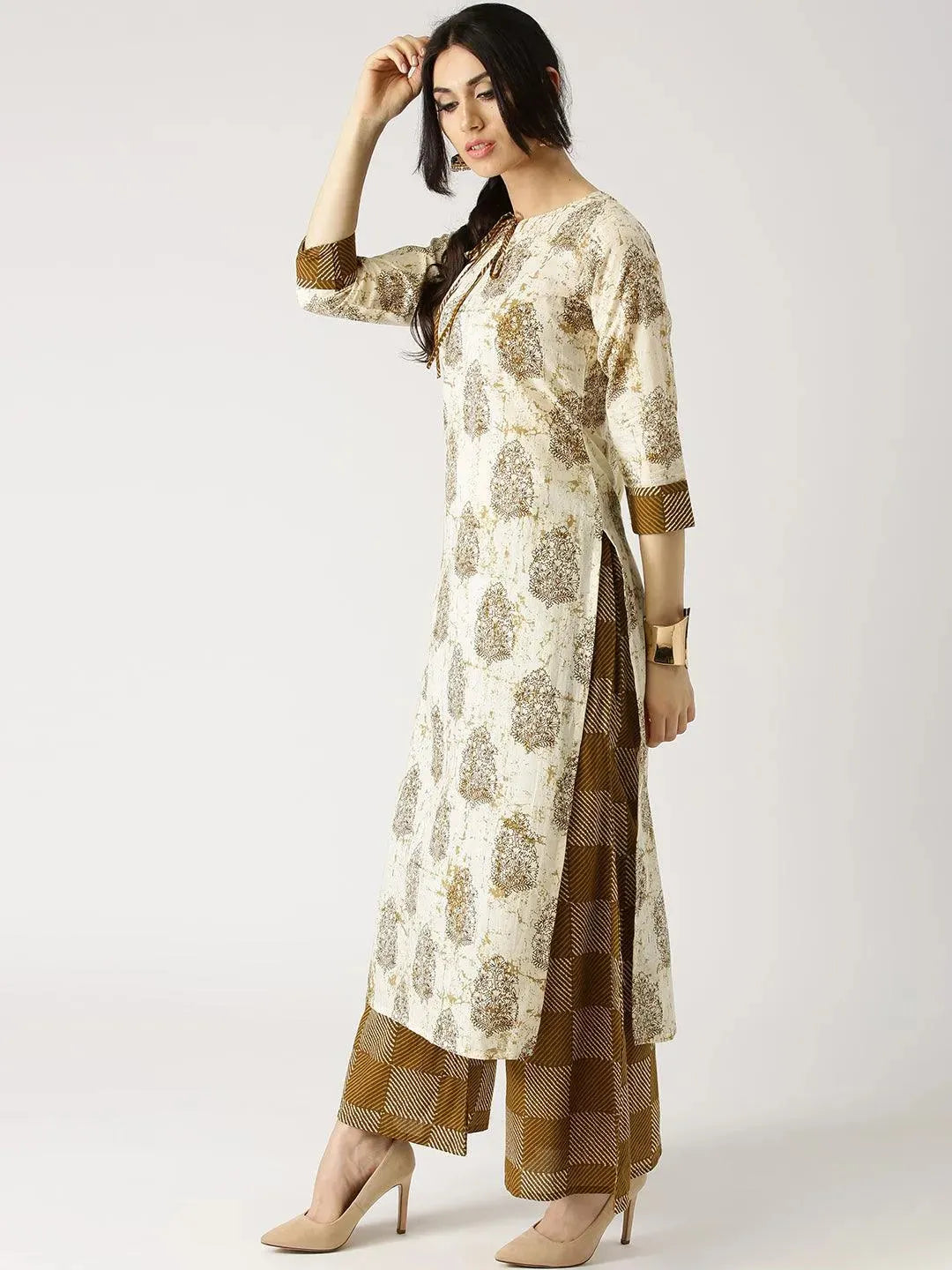 Beige Printed Cotton Kurta Set - Libas