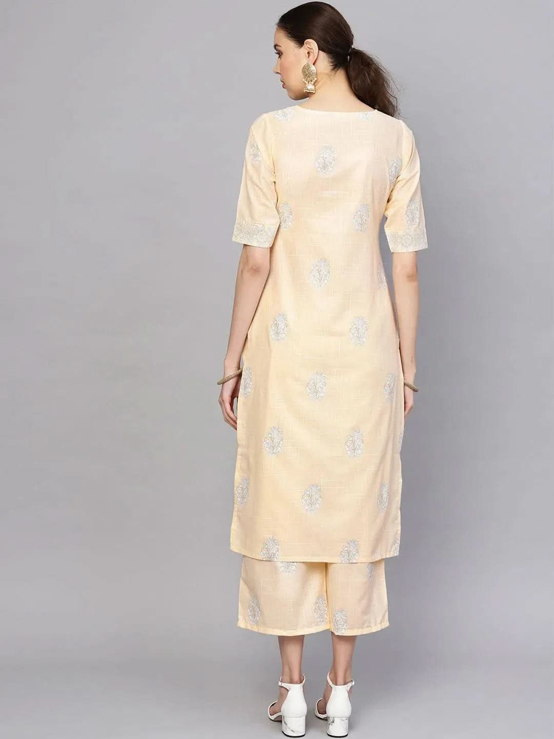 

Beige Printed Cotton Straight Kurta With Palazzos