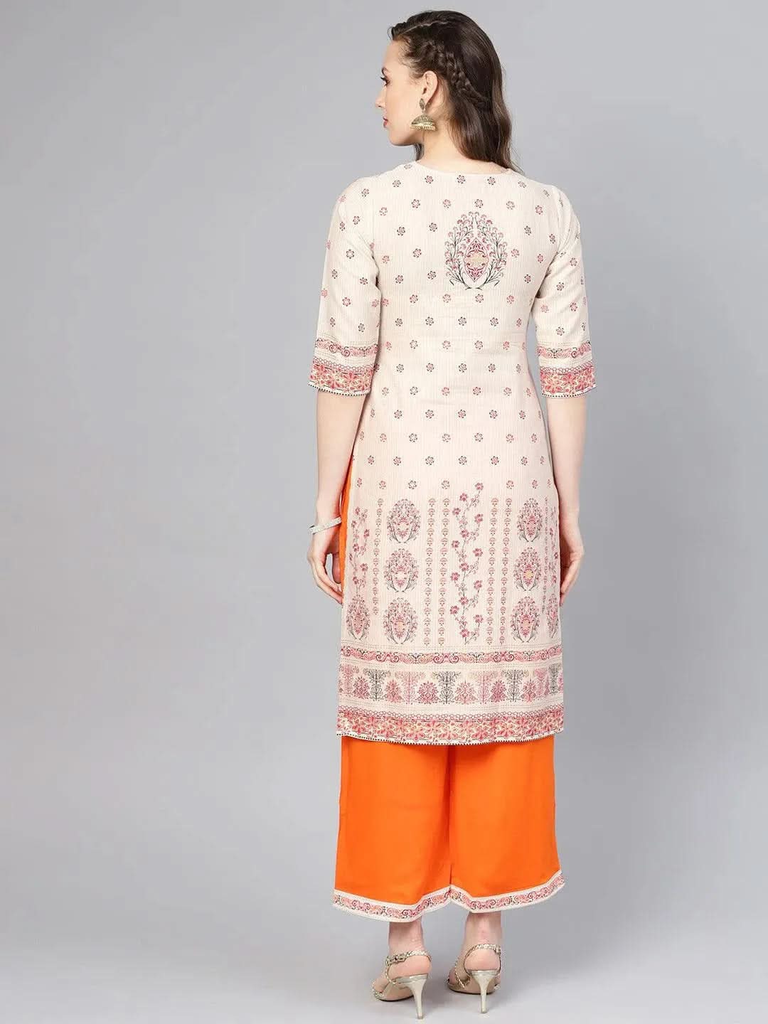 

Beige Printed Cotton Straight Kurta With Palazzos