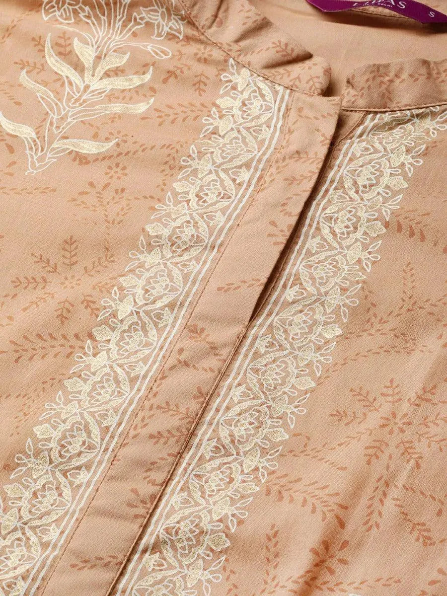 Beige Printed Cotton Kurta Set - Libas 