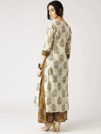 Beige Printed Cotton Kurta Set - Libas