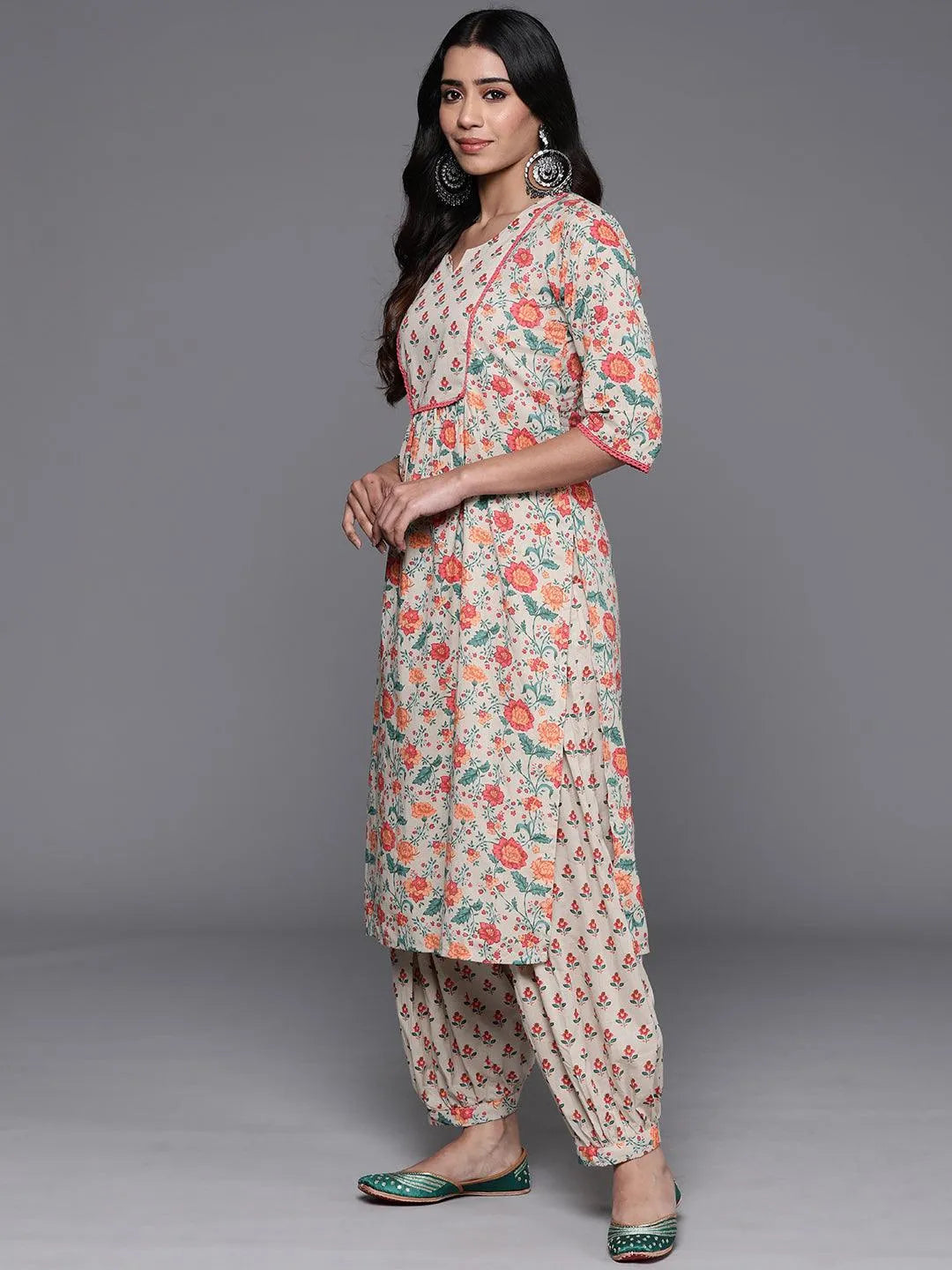 Beige Printed Cotton Straight Kurta With Salwar - Libas 