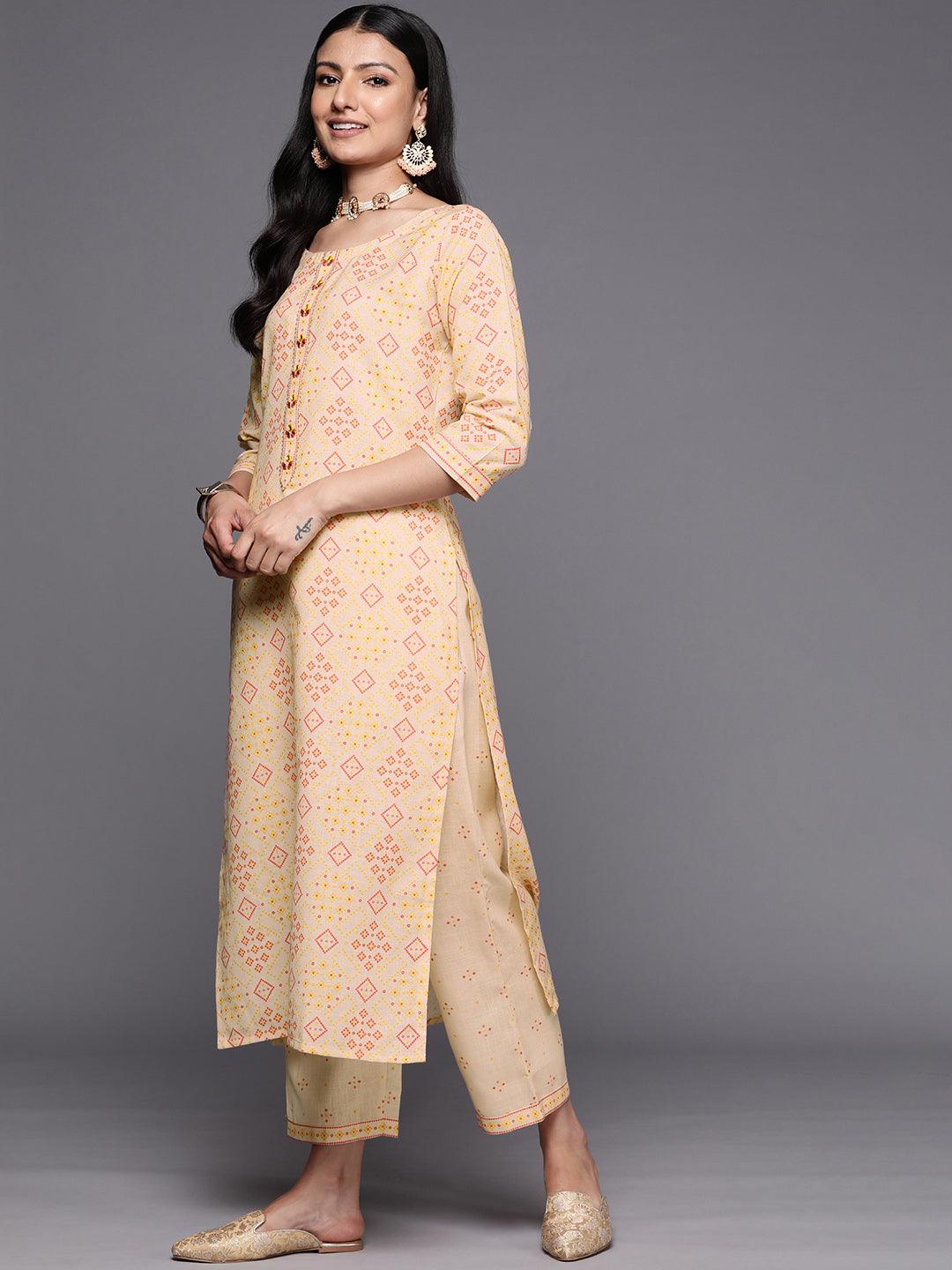 Beige Printed Cotton Straight Kurta Set With Trousers - Libas