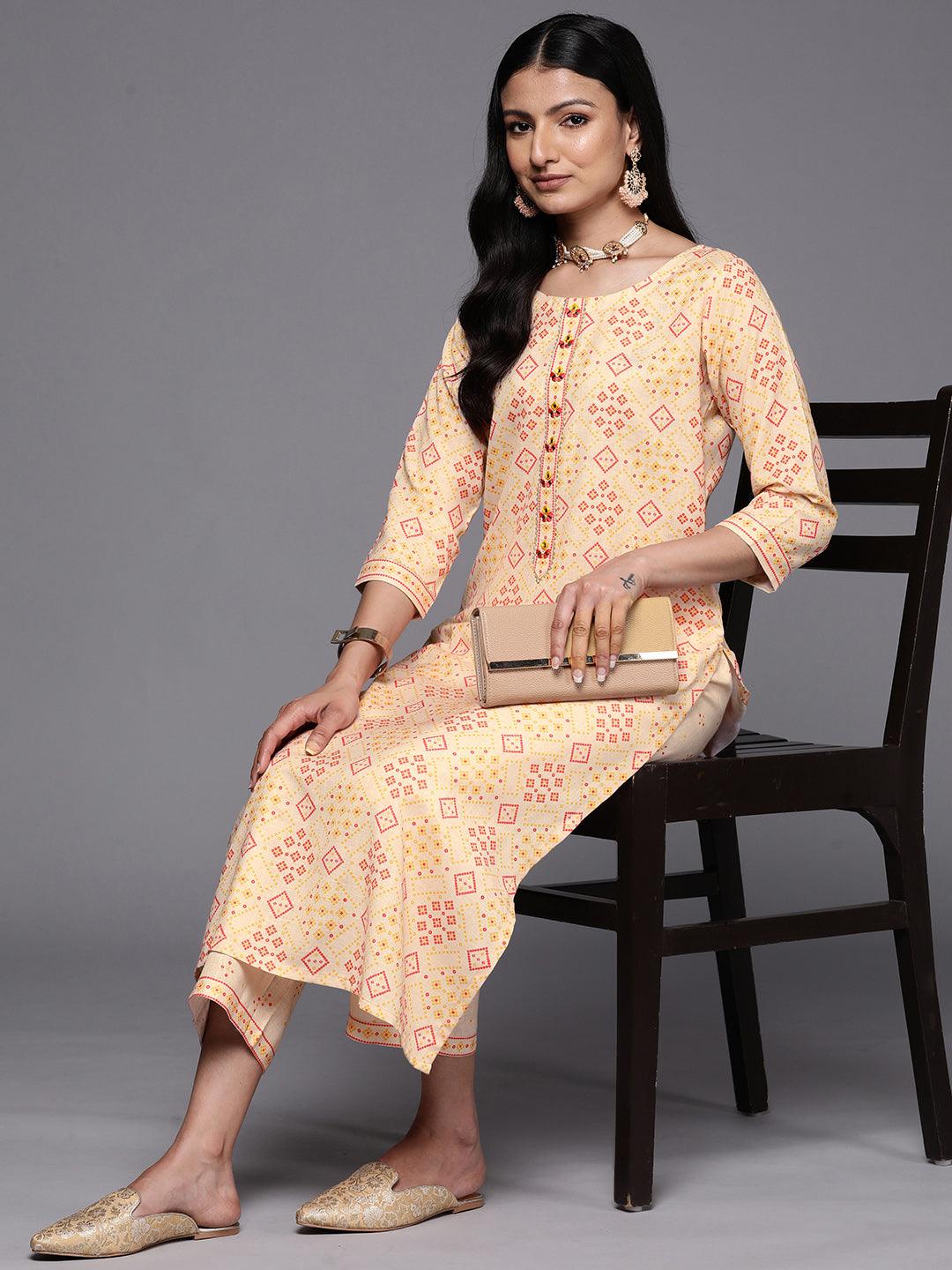 Beige Printed Cotton Straight Kurta With Trousers