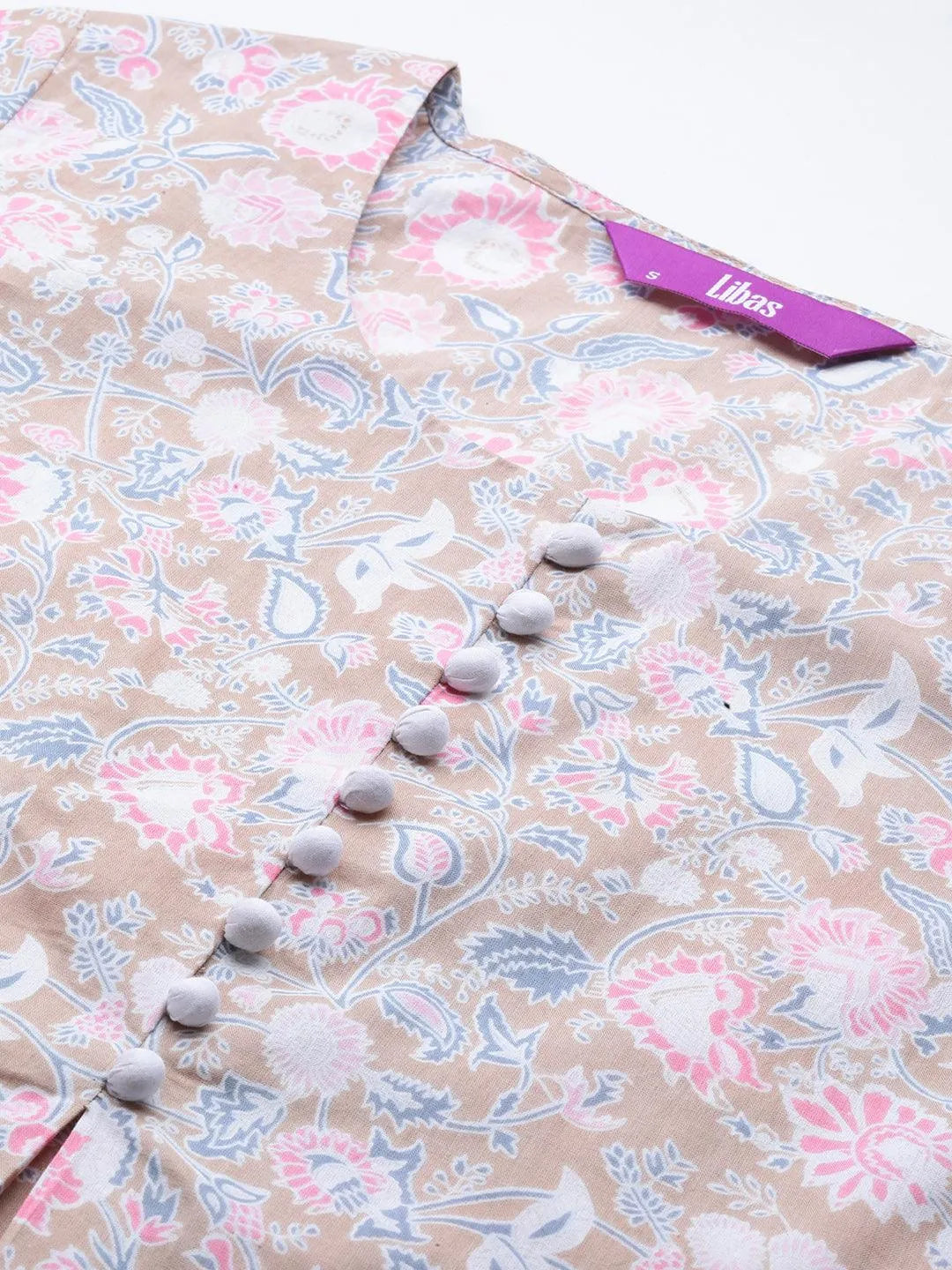 Beige Printed Cotton Straight Kurti - Libas 