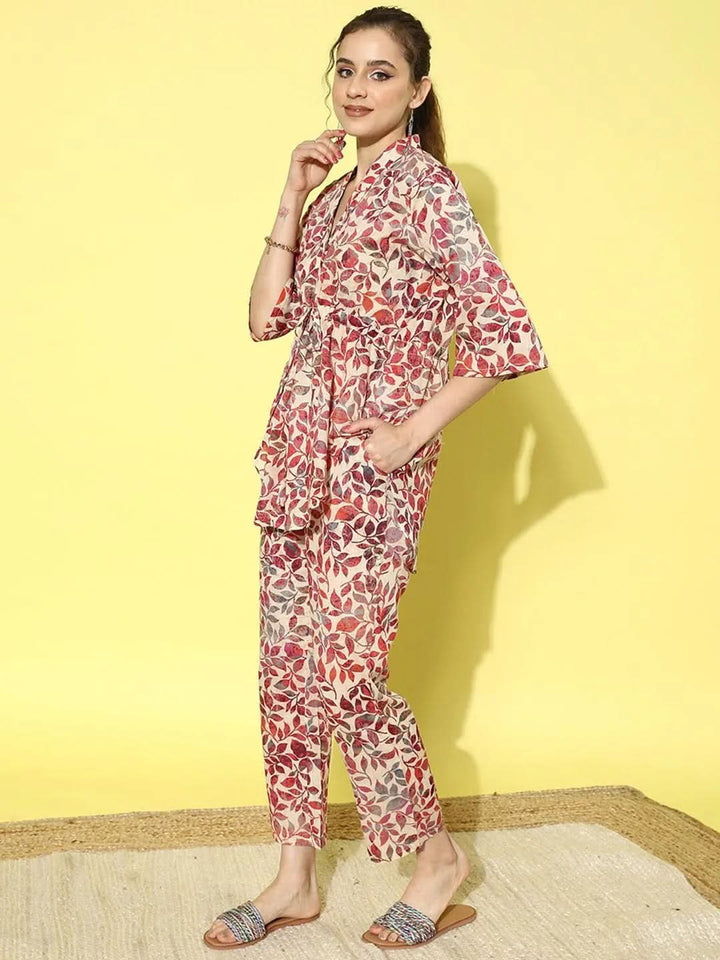 Beige Printed Cotton Top With Trousers - Libas