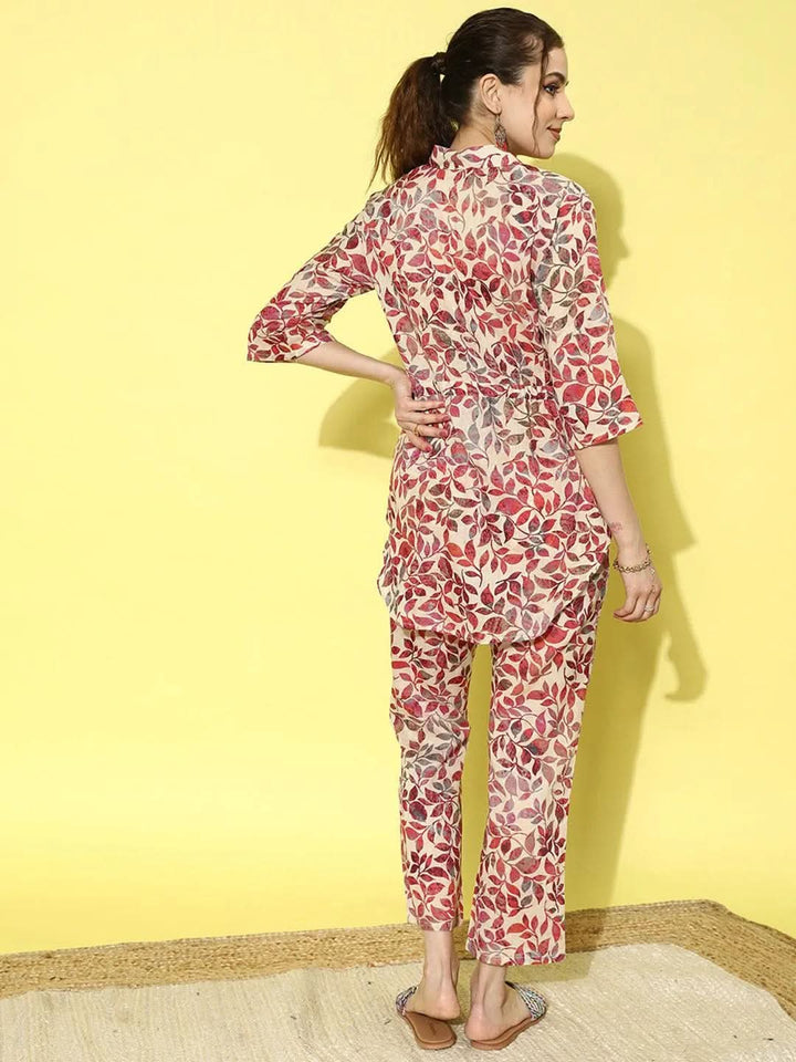 Beige Printed Cotton Top With Trousers - Libas