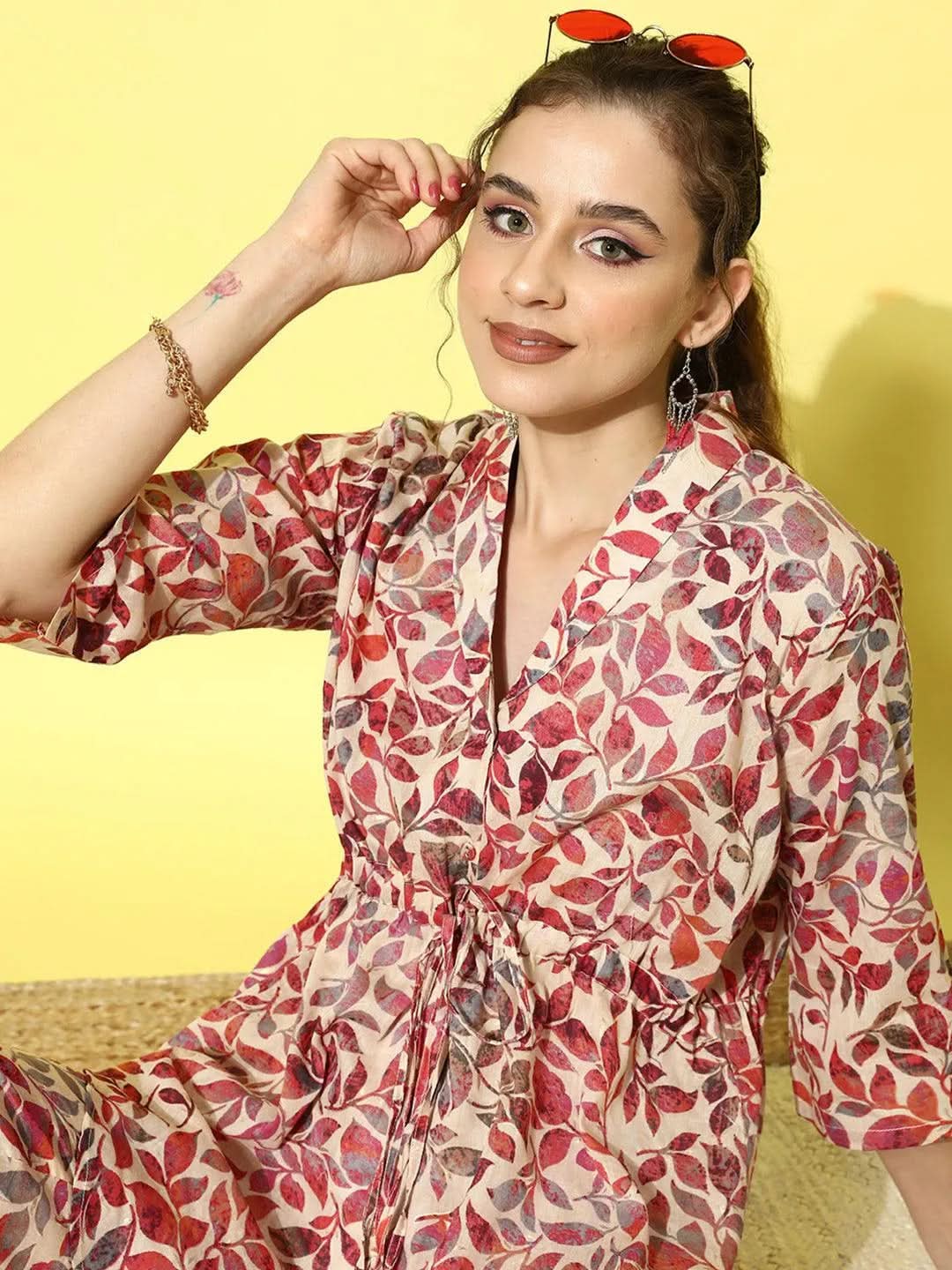 Beige Printed Cotton Top With Trousers - Libas 