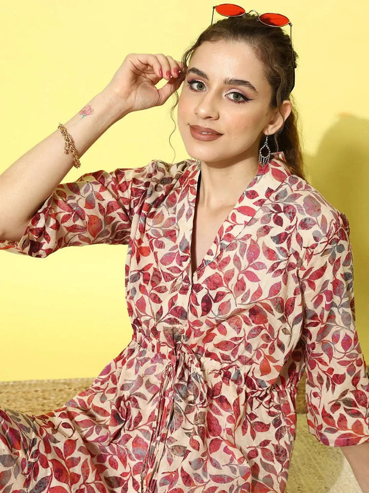 Beige Printed Cotton Top With Trousers - Libas