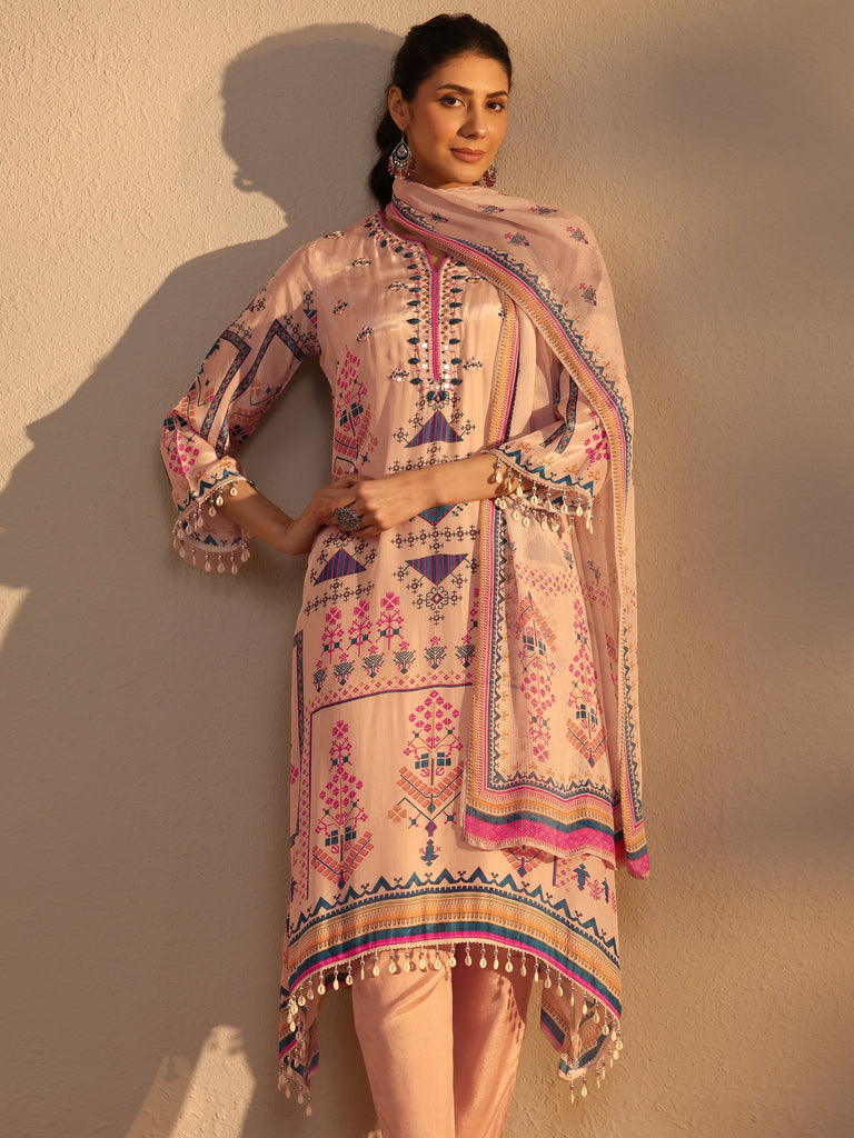Libas Beige Printed Crepe Straight Suit Set With Dupatta