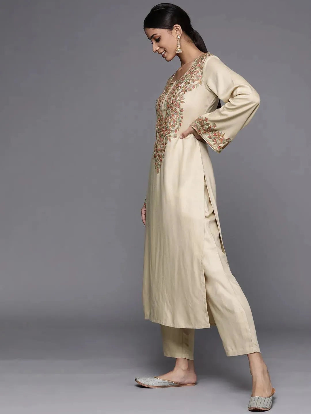 Beige Printed Pashmina Wool Kurta - Libas