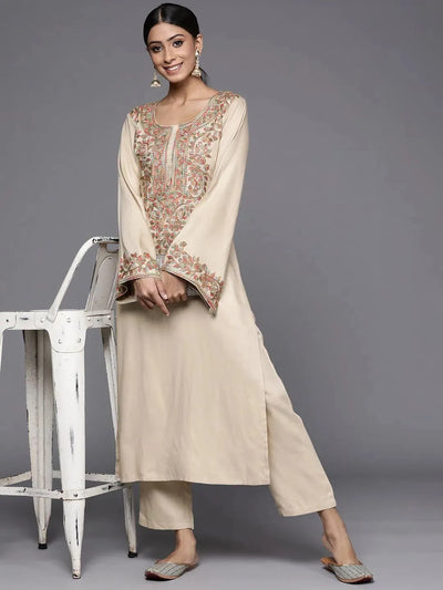 Beige Printed Pashmina Wool Kurta - Libas