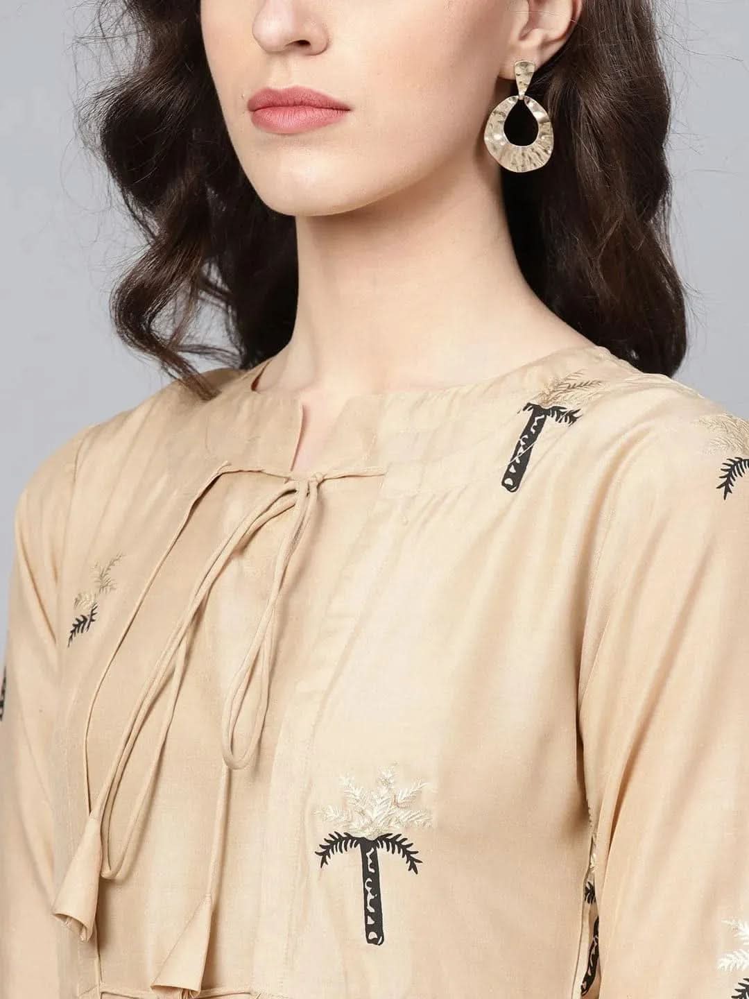 

Beige Printed Polyester Straight Kurta With Palazzos & Jacket