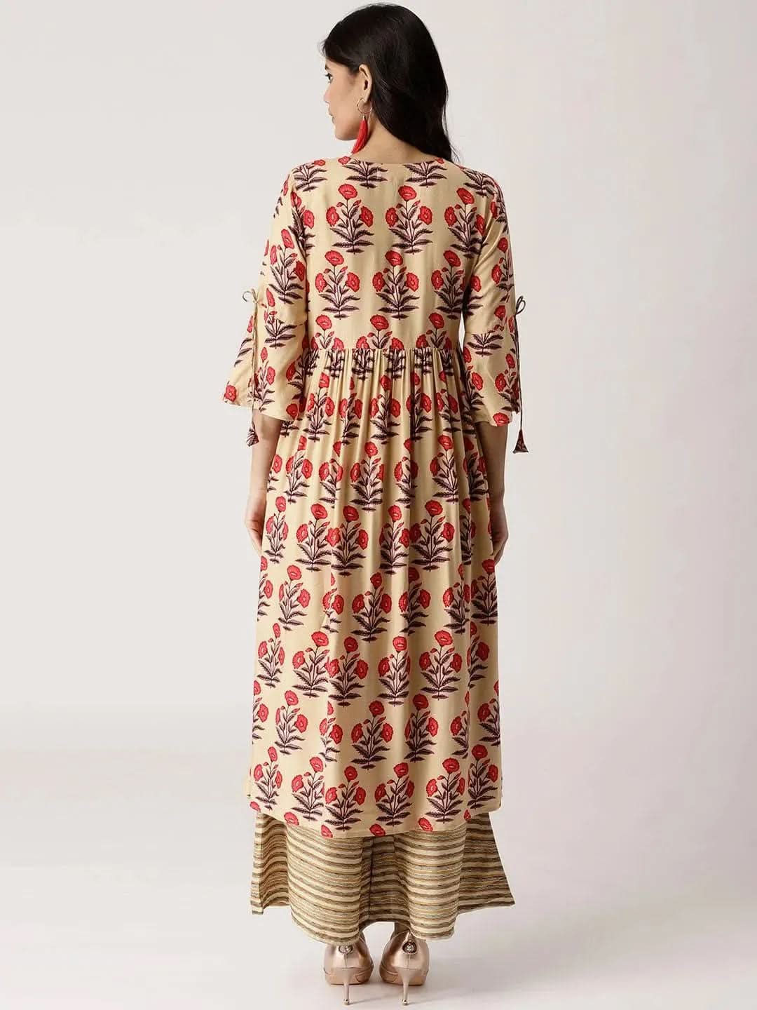 

Beige Printed Rayon Anarkali Kurta With Palazzos