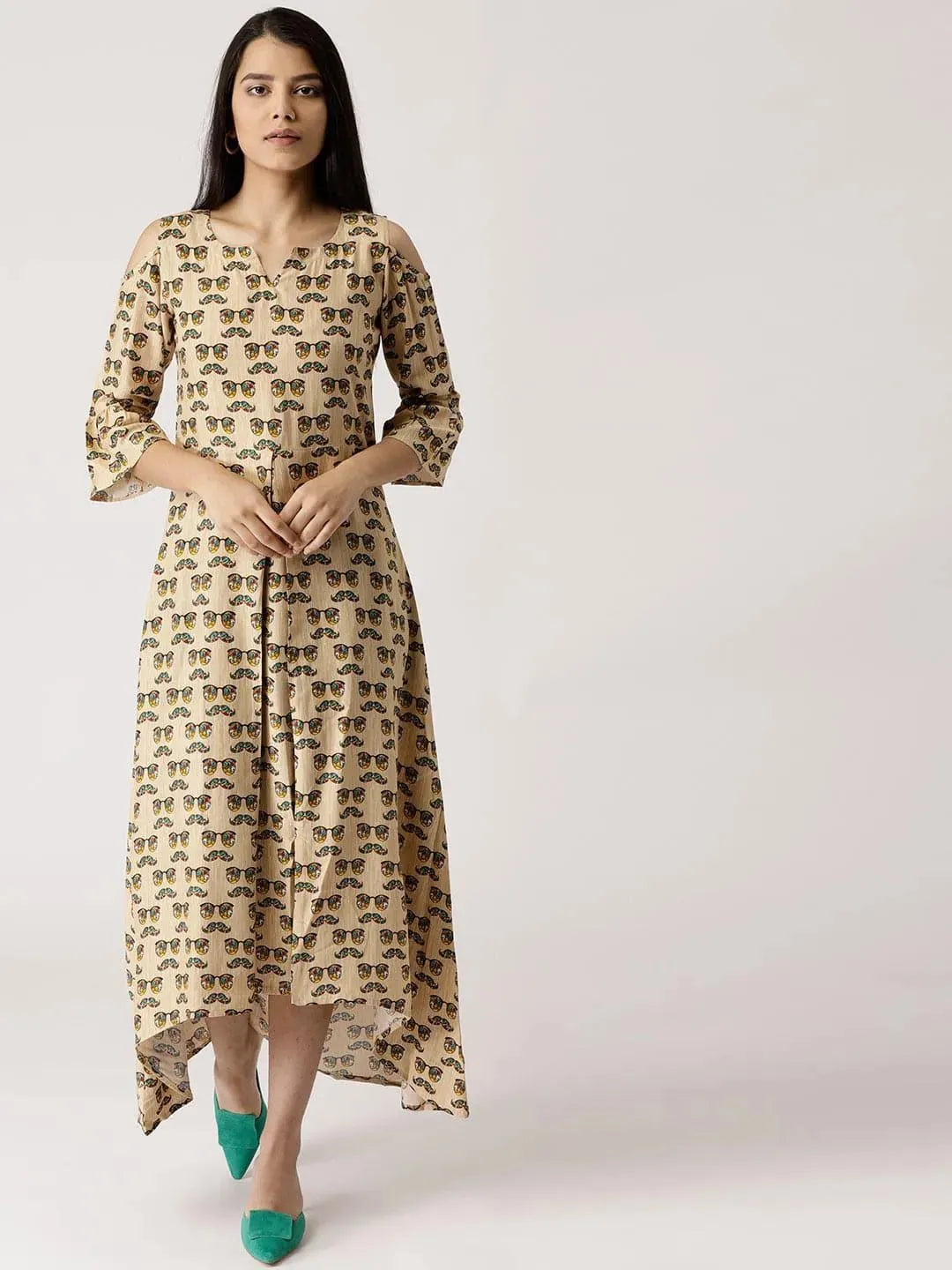 Beige Printed Rayon Dress - Libas