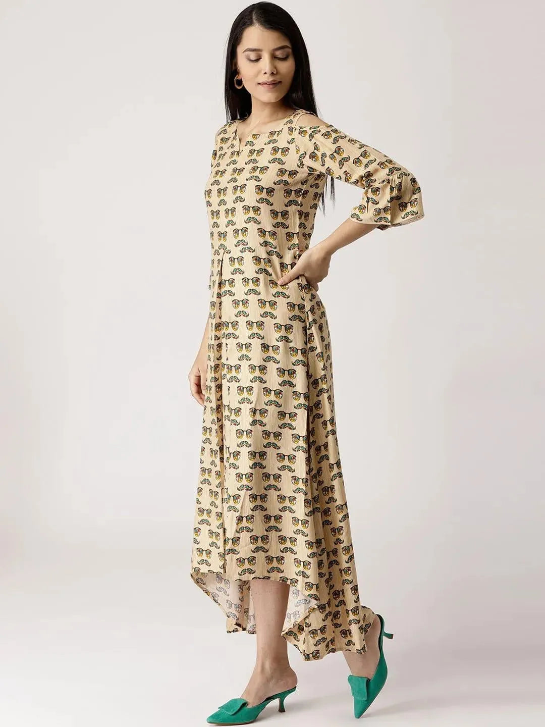 Beige Printed Rayon Dress - Libas 