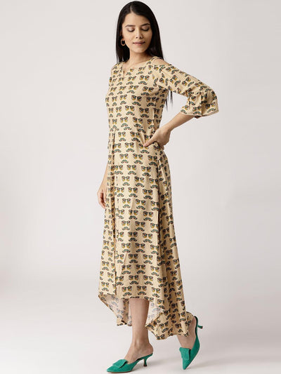 Beige Printed Rayon Dress - Libas