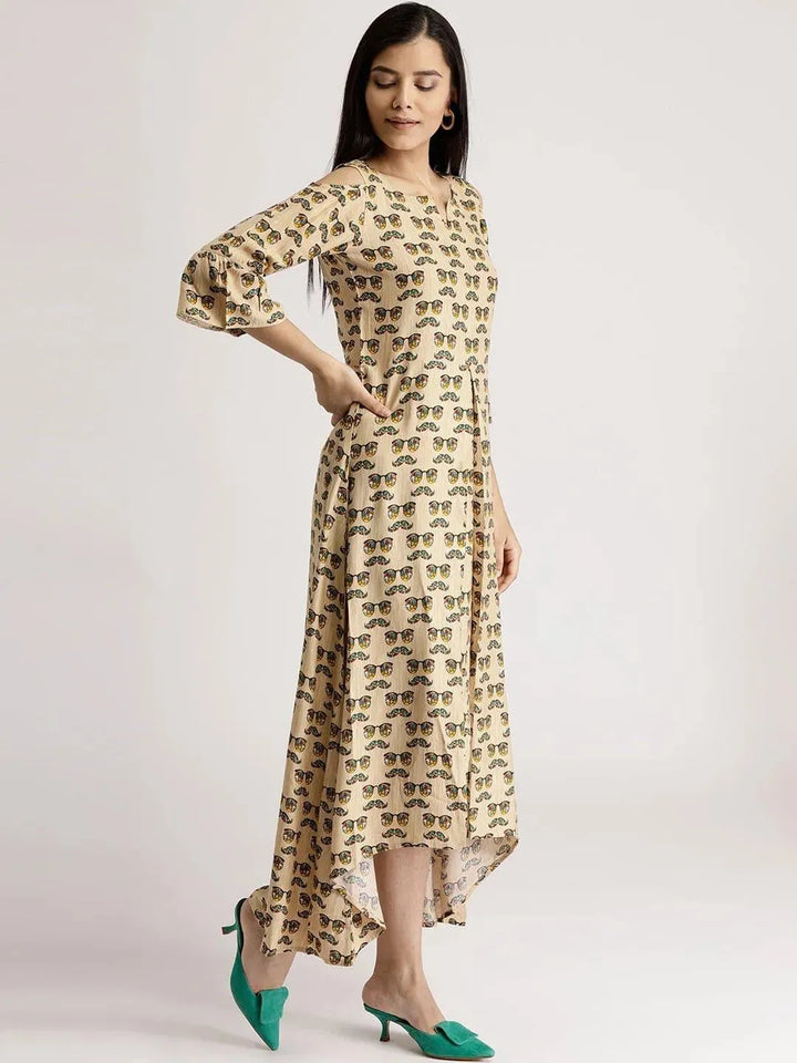 Beige Printed Rayon Dress - Libas
