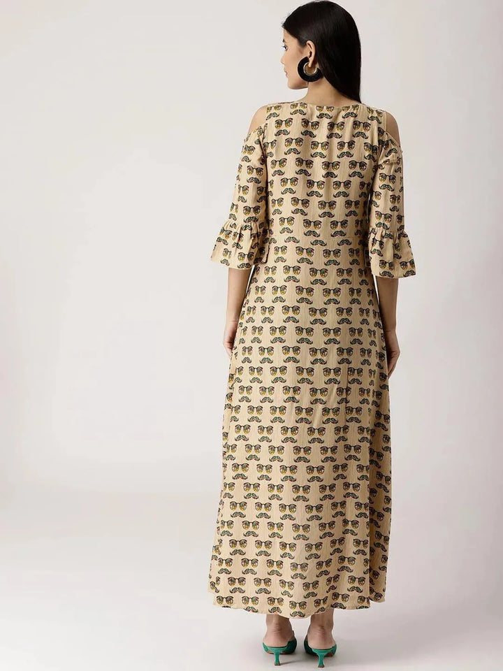 Beige Printed Rayon Dress - Libas