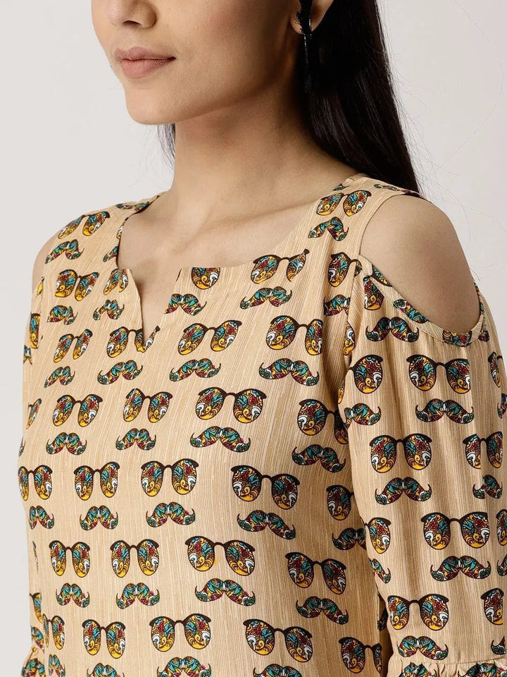 Beige Printed Rayon Dress - Libas