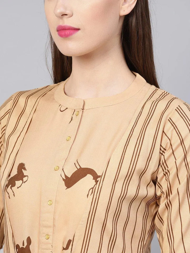 Beige Printed Rayon Dress With Jacket - Libas