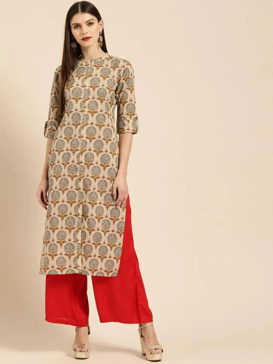 Beige Printed Rayon Kurta - Libas