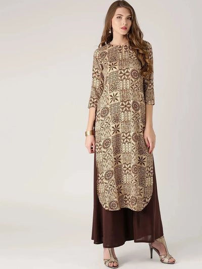 Beige Printed Rayon Kurta - Libas