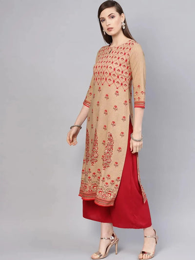 Beige Printed Rayon Kurta - Libas